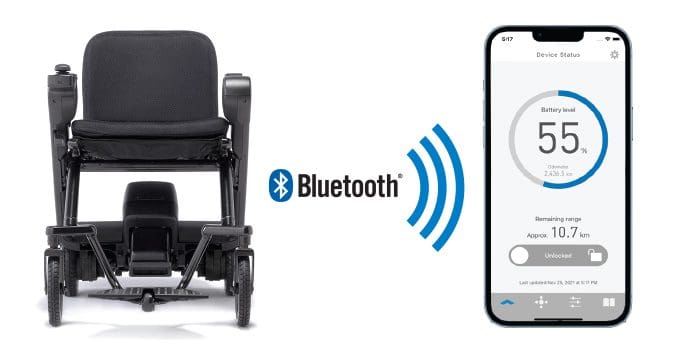 A wheelchair with bluetooth connected to a smart phone.