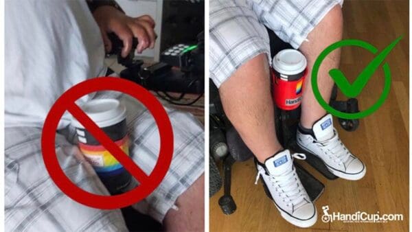Two pictures of a person in a wheelchair holding a HandiCup Wheelchair Cup Holder.