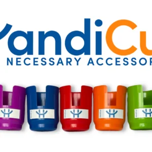 A row of colorful cup holders with the logo "HandiCup - The Necessary Accessory".