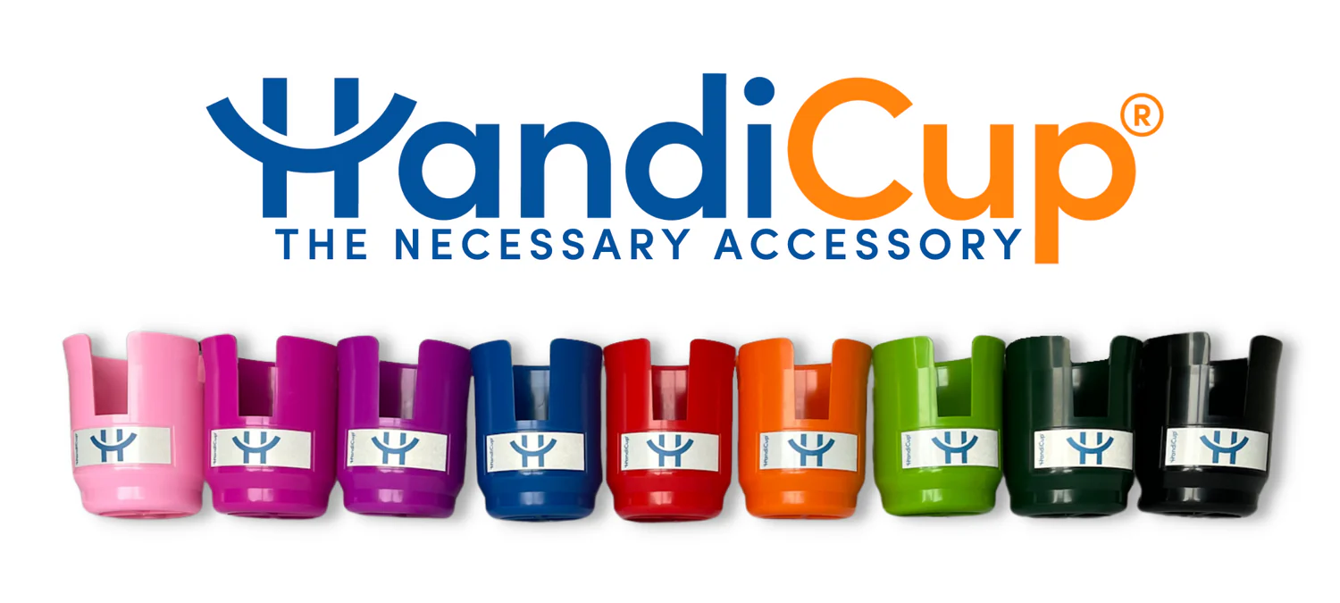 A row of colorful cup holders with the logo "HandiCup - The Necessary Accessory".