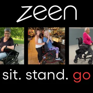 Three people using a Zeen all-terrain wheelchair.