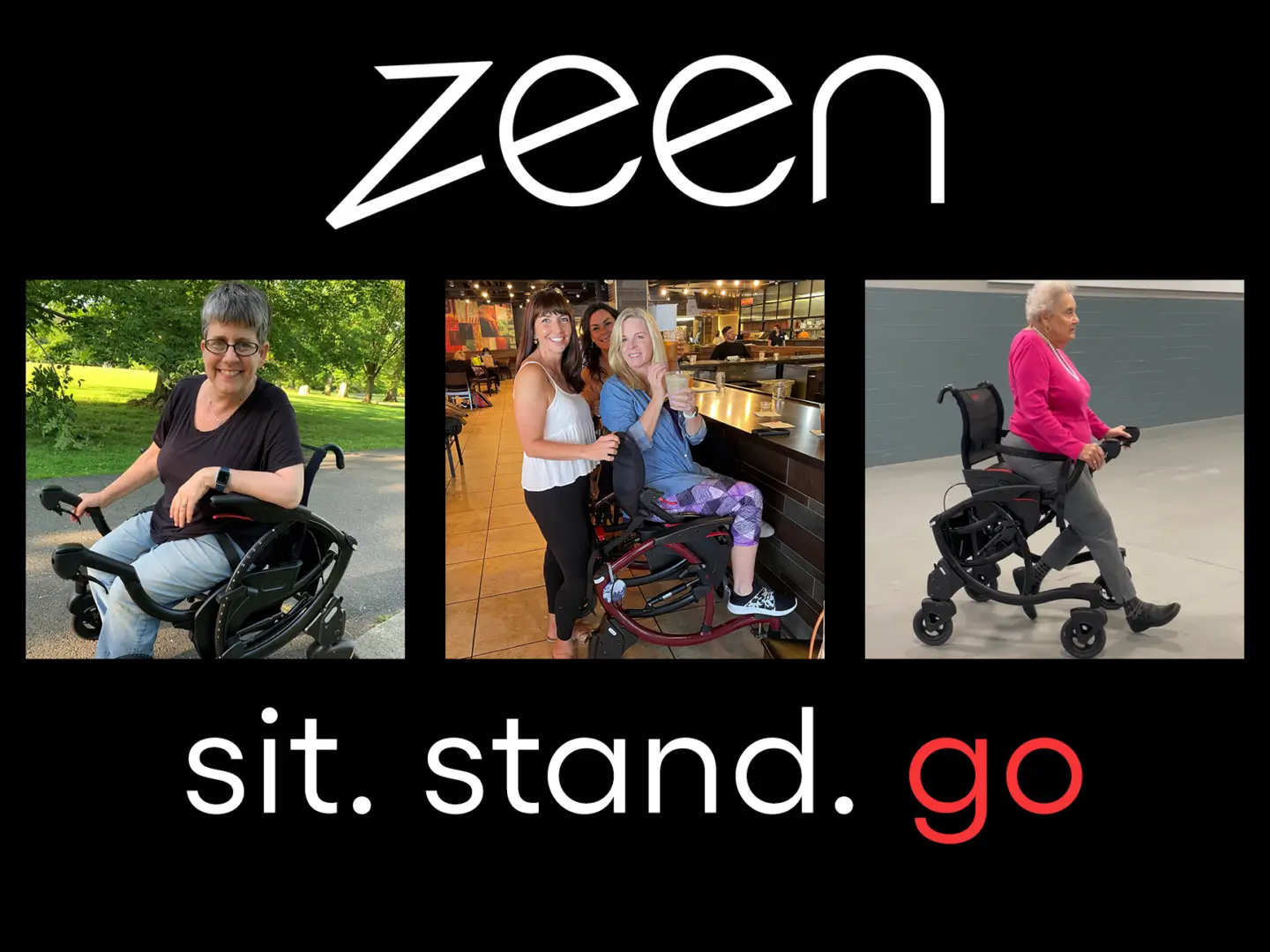 Three people using a Zeen all-terrain wheelchair.