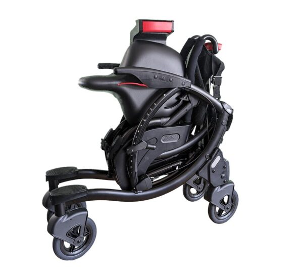 A baby stroller with a black seat and wheels.