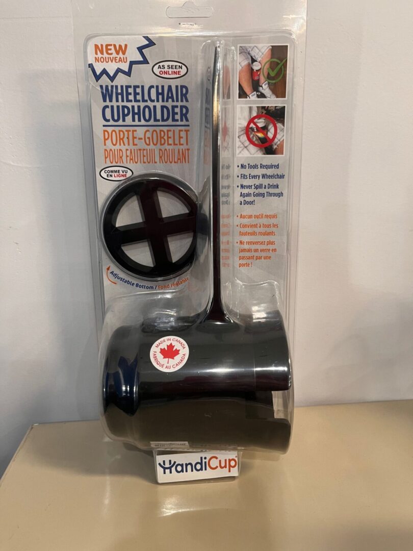 A package of a HandiCup Wheelchair Cup Holder.