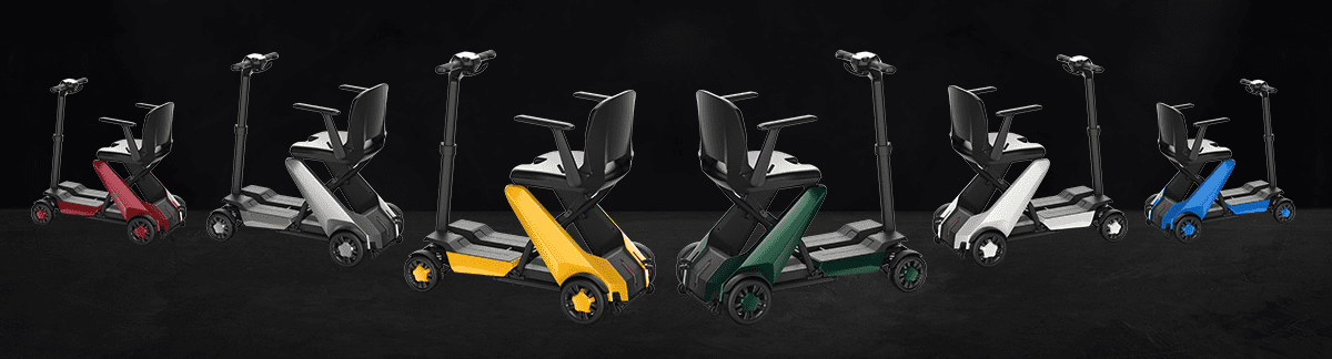 A lineup of colorful, foldable mobility scooters.