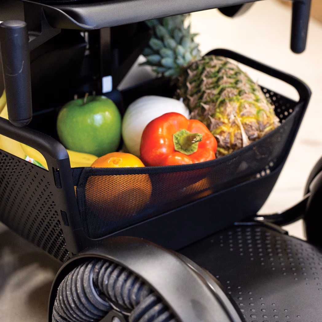 <h3>Built in Storage</h3>Convenient storage basket located under seat. Perfect for storing groceries, personal items, and other belongings.