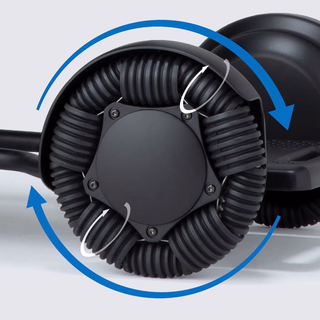 <h3>Patented Omni-Wheels</h3>Omni-directional wheel technology enables effortless sideways movement and a 29.9-inch turning radius.