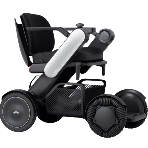 An electric wheelchair with wheels and a seat.