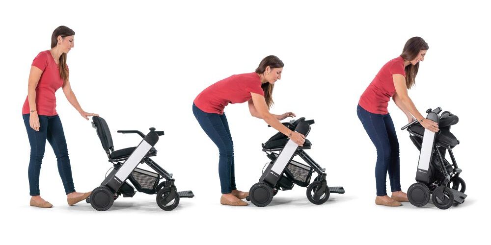 Four pictures of a woman using a baby stroller.