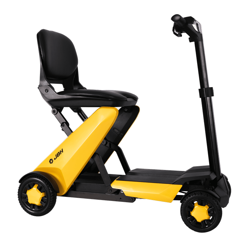 Yellow folding mobility scooter with seat.